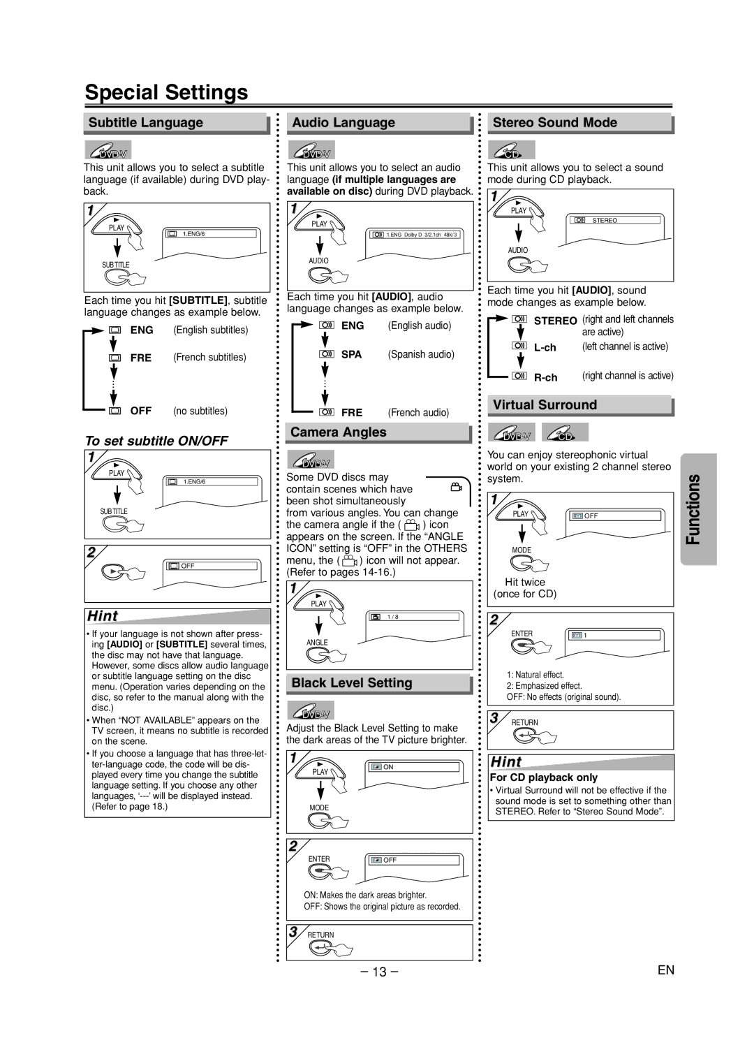 FUNAI MSD125 owner manual Special Settings 