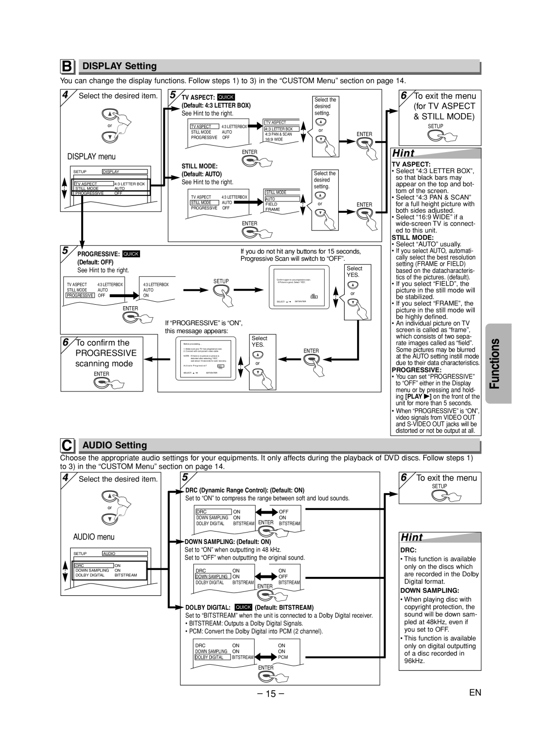 FUNAI MSD125 owner manual Display Setting, Audio Setting 