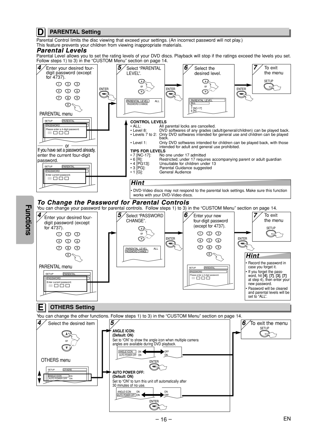 FUNAI MSD125 owner manual Parental Levels, To Change the Password for Parental Controls, Parental Setting, Others Setting 