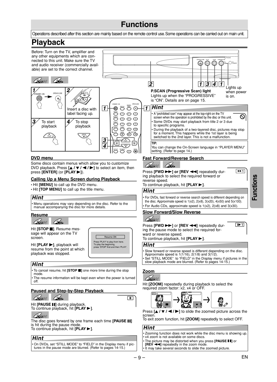 FUNAI MSD125 owner manual Functions, Playback 