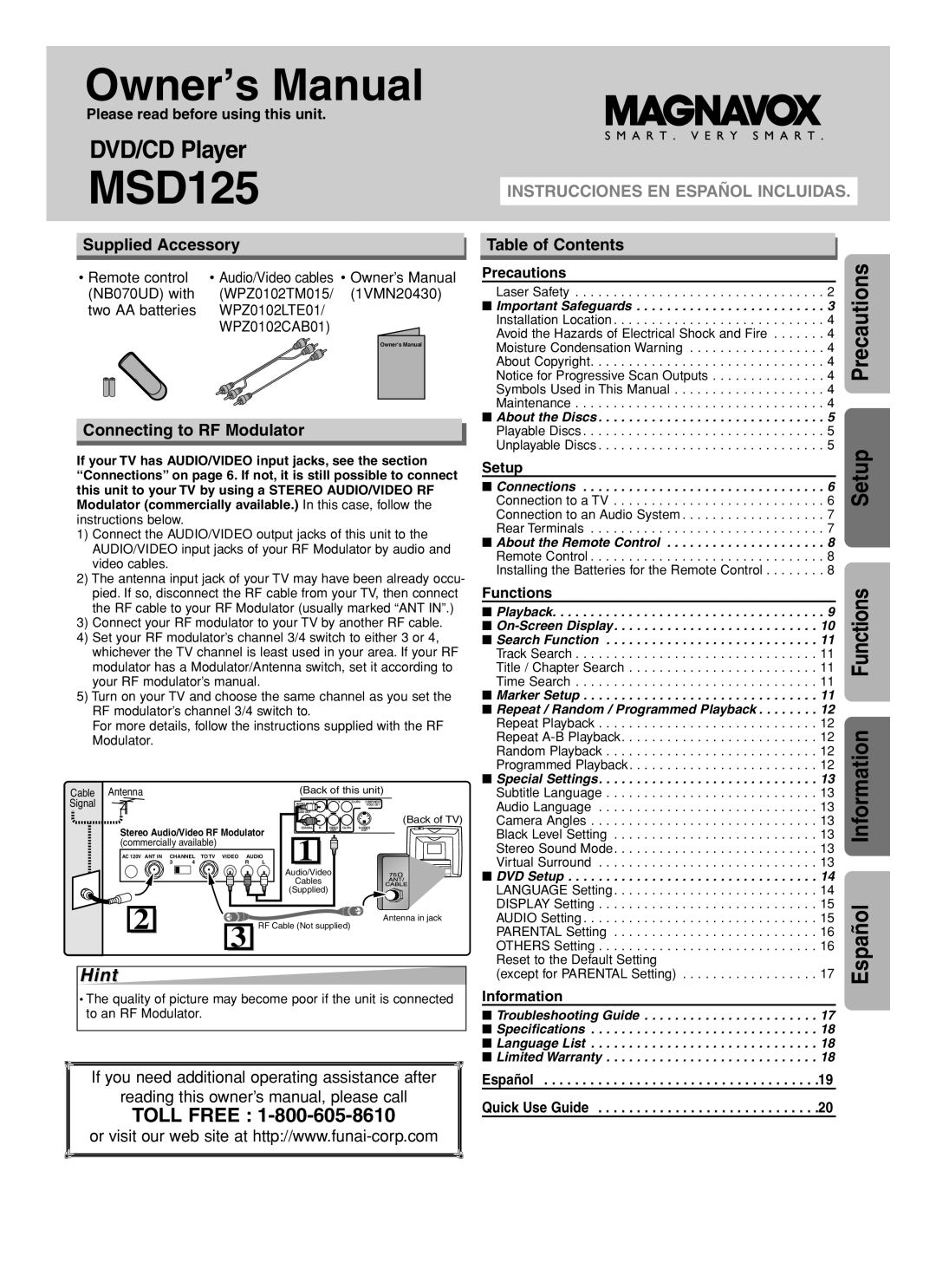 FUNAI MSD125 owner manual Precautions, Setup, Information, Español, Toll Free, Functions, Owner’s Manual, DVD/CD Player 