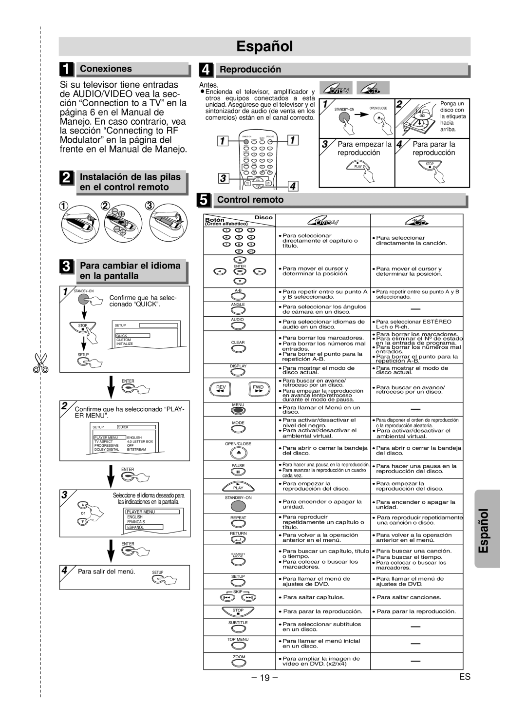 FUNAI MSD125 Español, Conexiones, Reproducción, Instalación de las pilas, en el control remoto, Control remoto, Dvd-V 