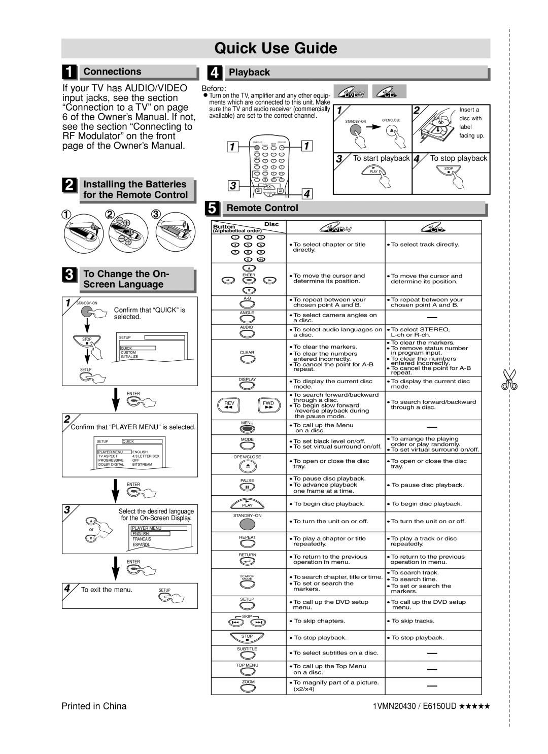 FUNAI MSD125 owner manual Quick Use Guide, Connections, Playback, Installing the Batteries, for the Remote Control 