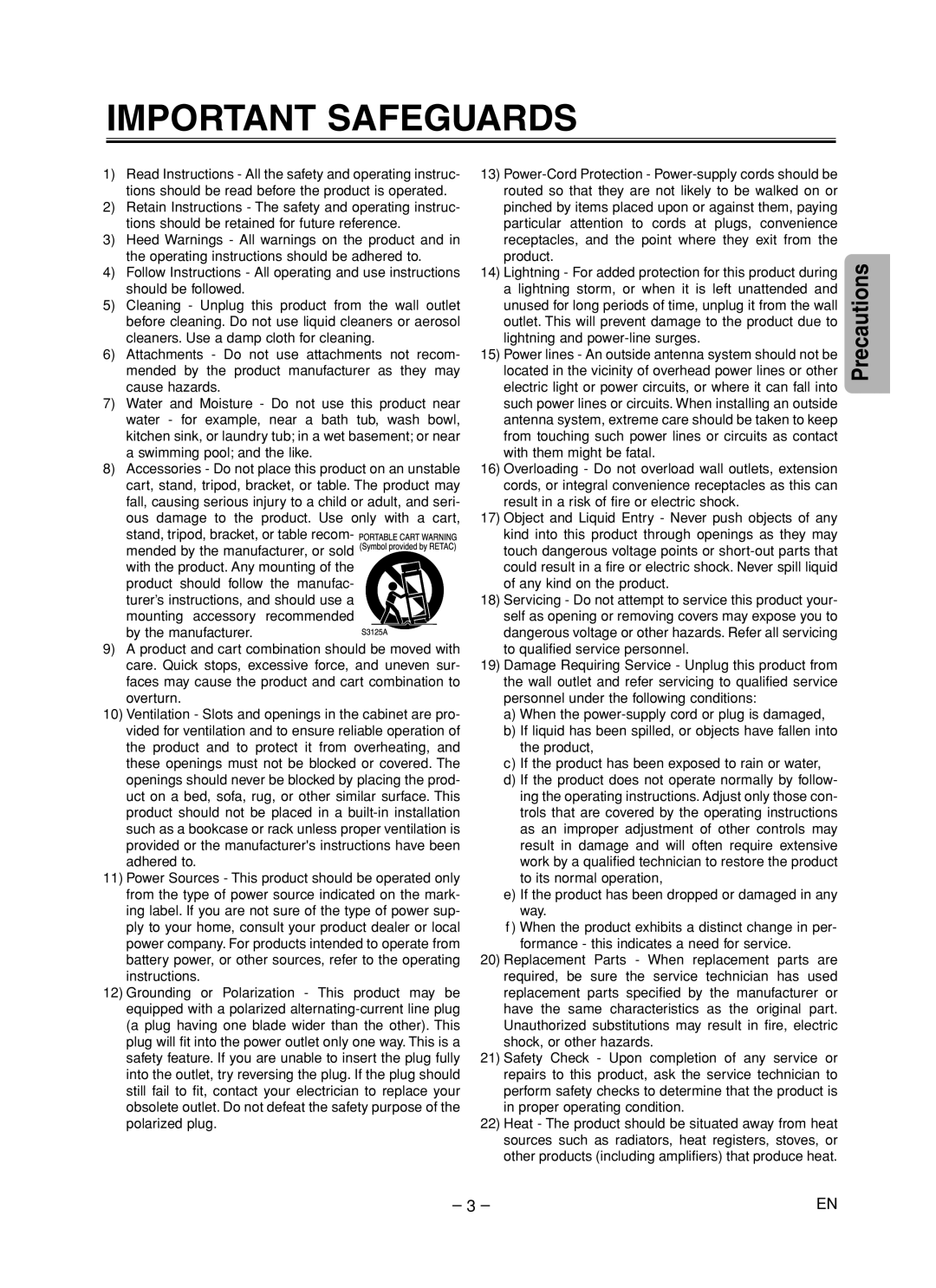 FUNAI MSD125 owner manual Important Safeguards, Precautions 