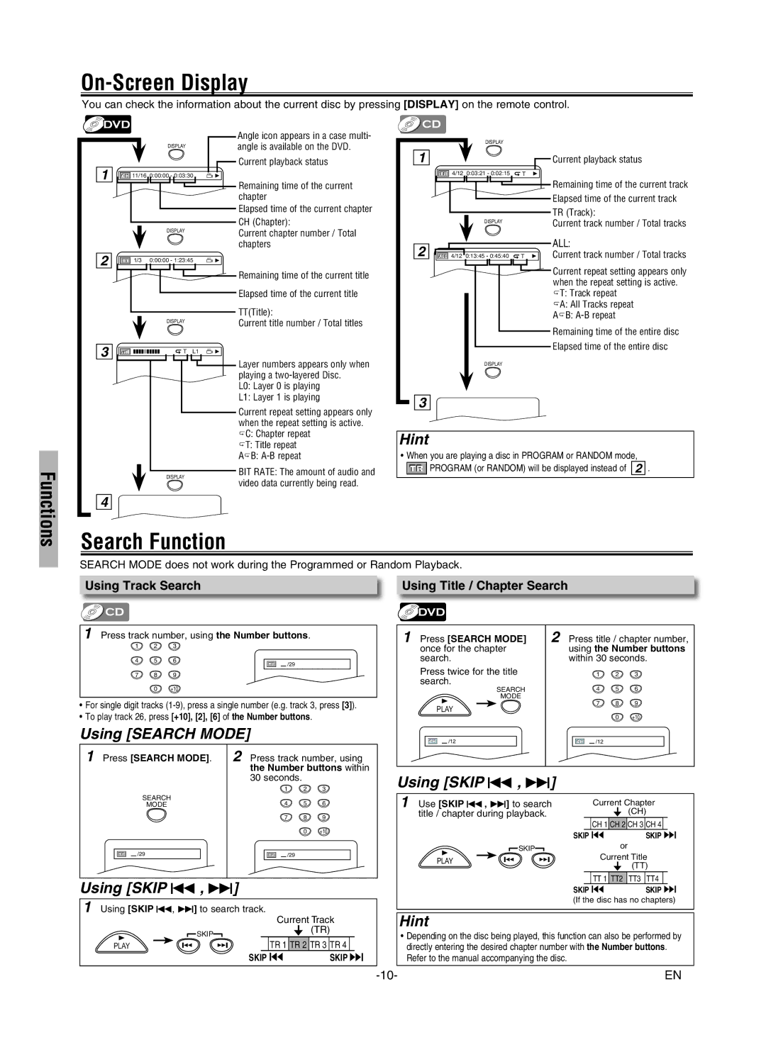 FUNAI MSD126 owner manual On-Screen Display, Search Function, Using Search Mode, Using Skip H , G 