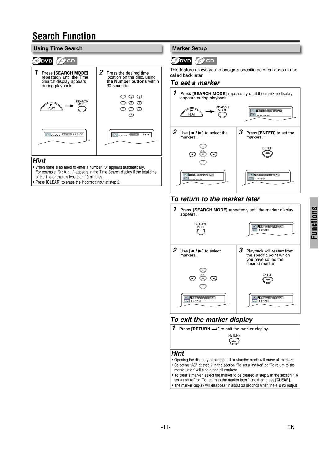 FUNAI MSD126 To set a marker, To return to the marker later, To exit the marker display, Using Time Search Marker Setup 