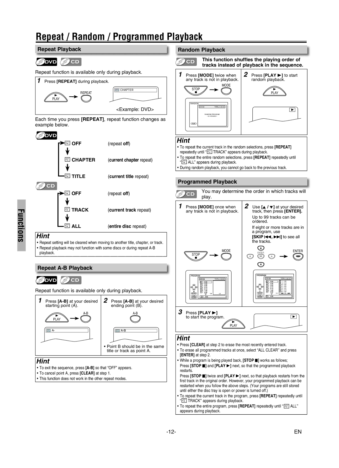 FUNAI MSD126 owner manual Repeat / Random / Programmed Playback, Repeat Playback Random Playback, Repeat A-B Playback 