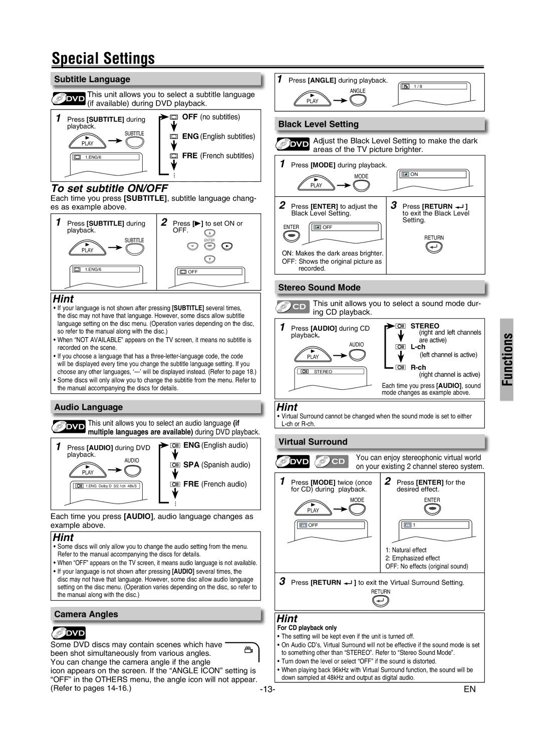 FUNAI MSD126 owner manual Special Settings, To set subtitle ON/OFF 