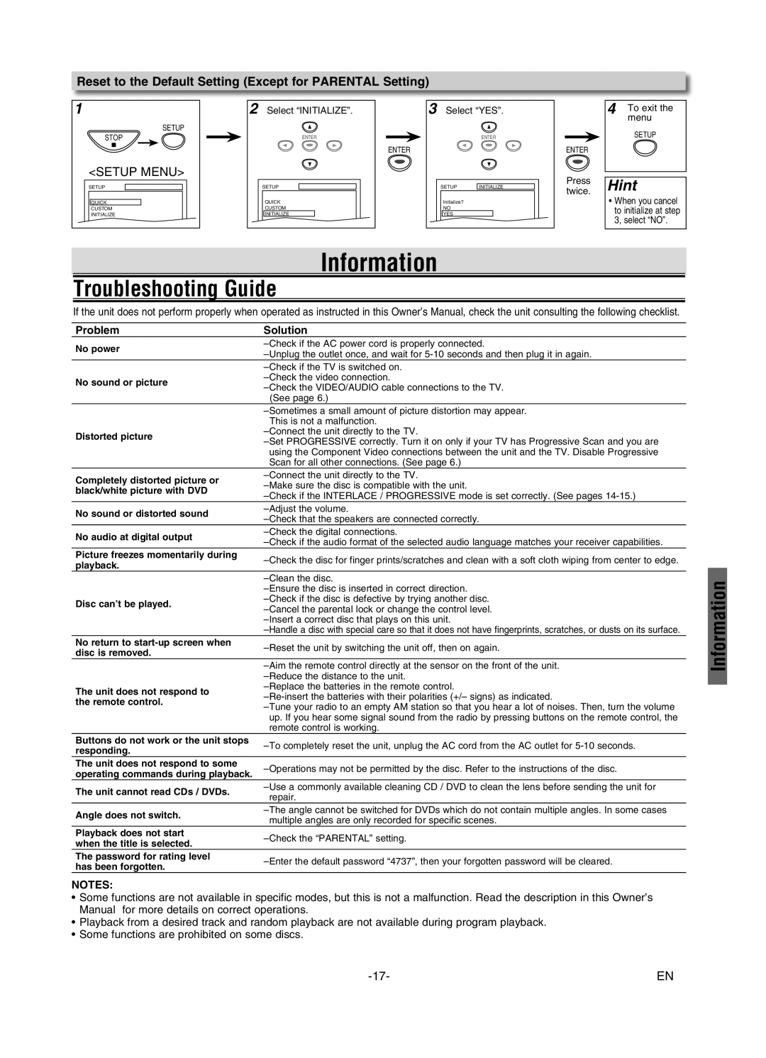 FUNAI MSD126 owner manual Information, Troubleshooting Guide, Reset to the Default Setting Except for Parental Setting 