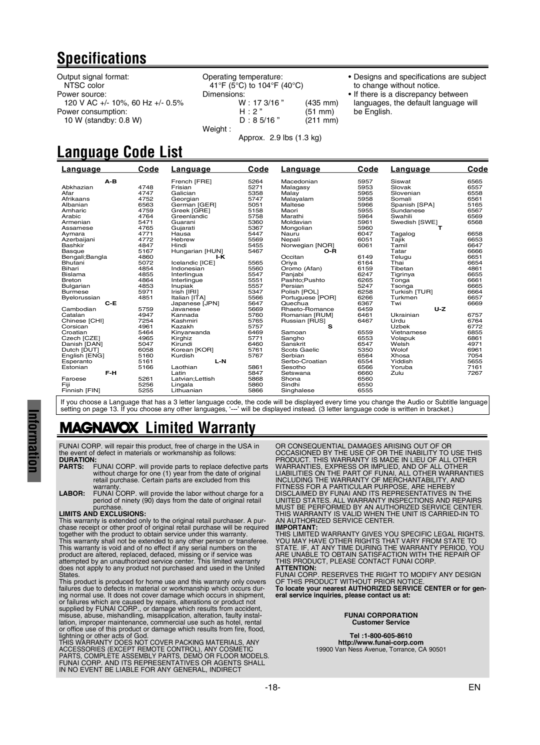 FUNAI MSD126 owner manual Specifications, Language Code List, Limited Warranty 