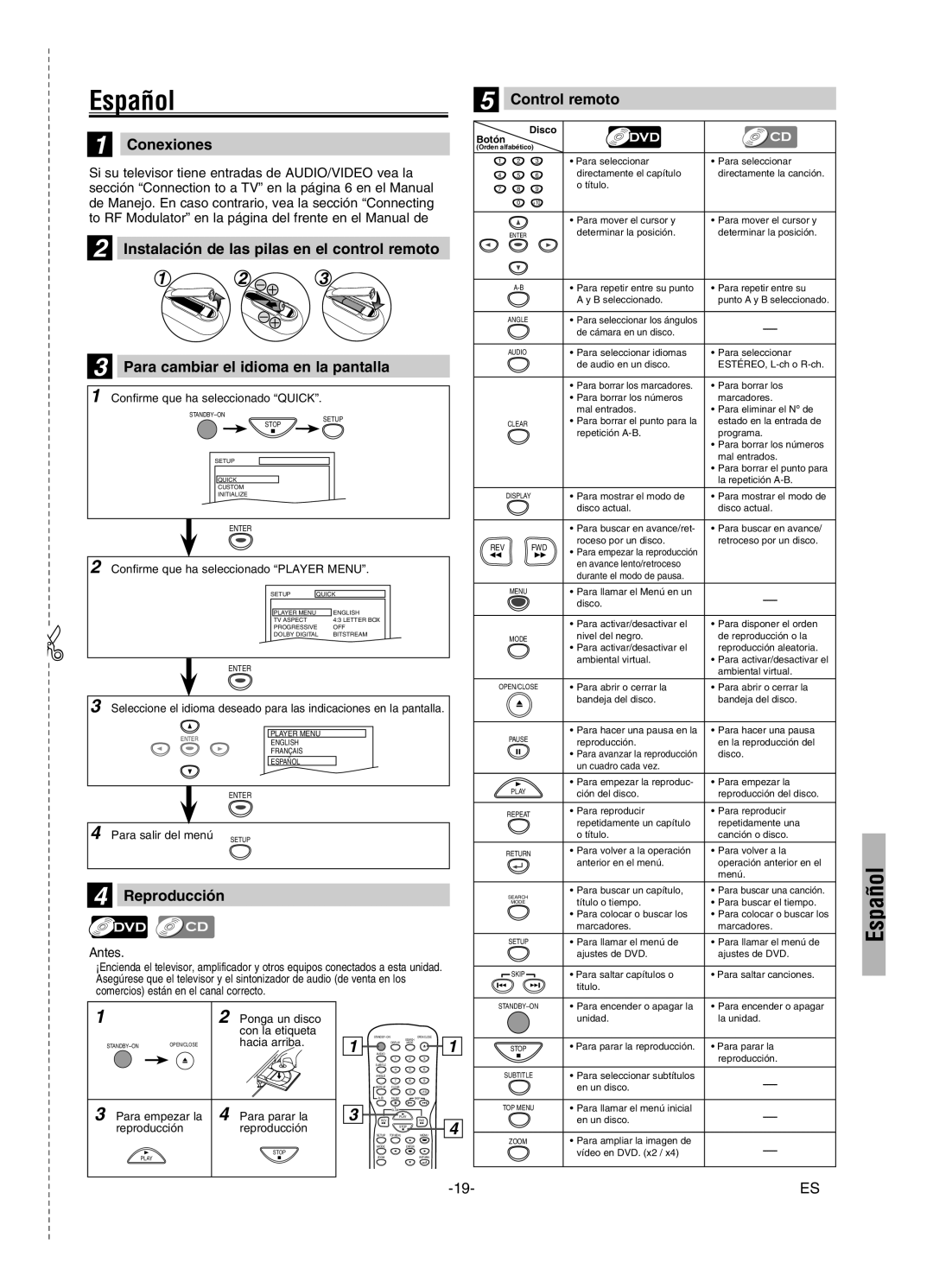 FUNAI MSD126 owner manual Español, Conexiones, Reproducción, Control remoto 