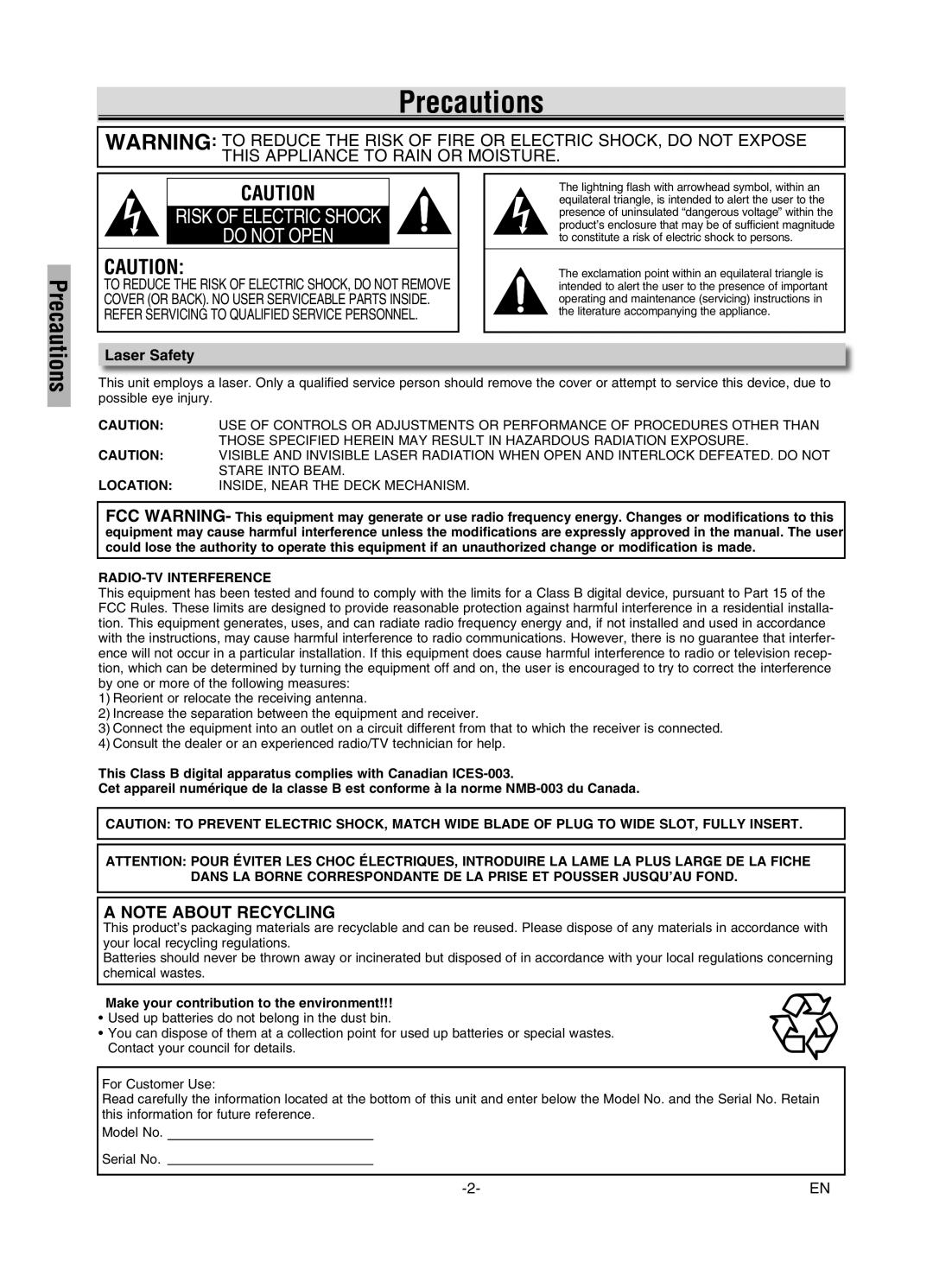 FUNAI MSD126 owner manual Precautions, Laser Safety, RADIO-TV Interference, Make your contribution to the environment 