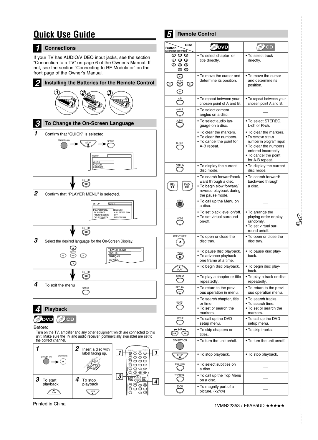 FUNAI MSD126 owner manual Quick Use Guide, Connections, To Change the On-Screen Language, Playback 