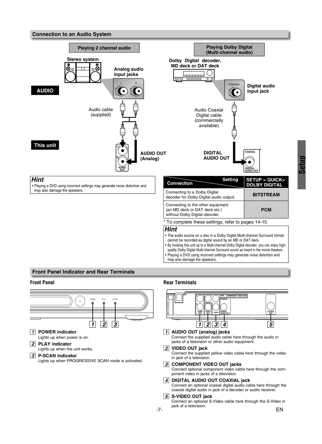 FUNAI MSD126 owner manual Setup, Connection to an Audio System, Front Panel Indicator and Rear Terminals 