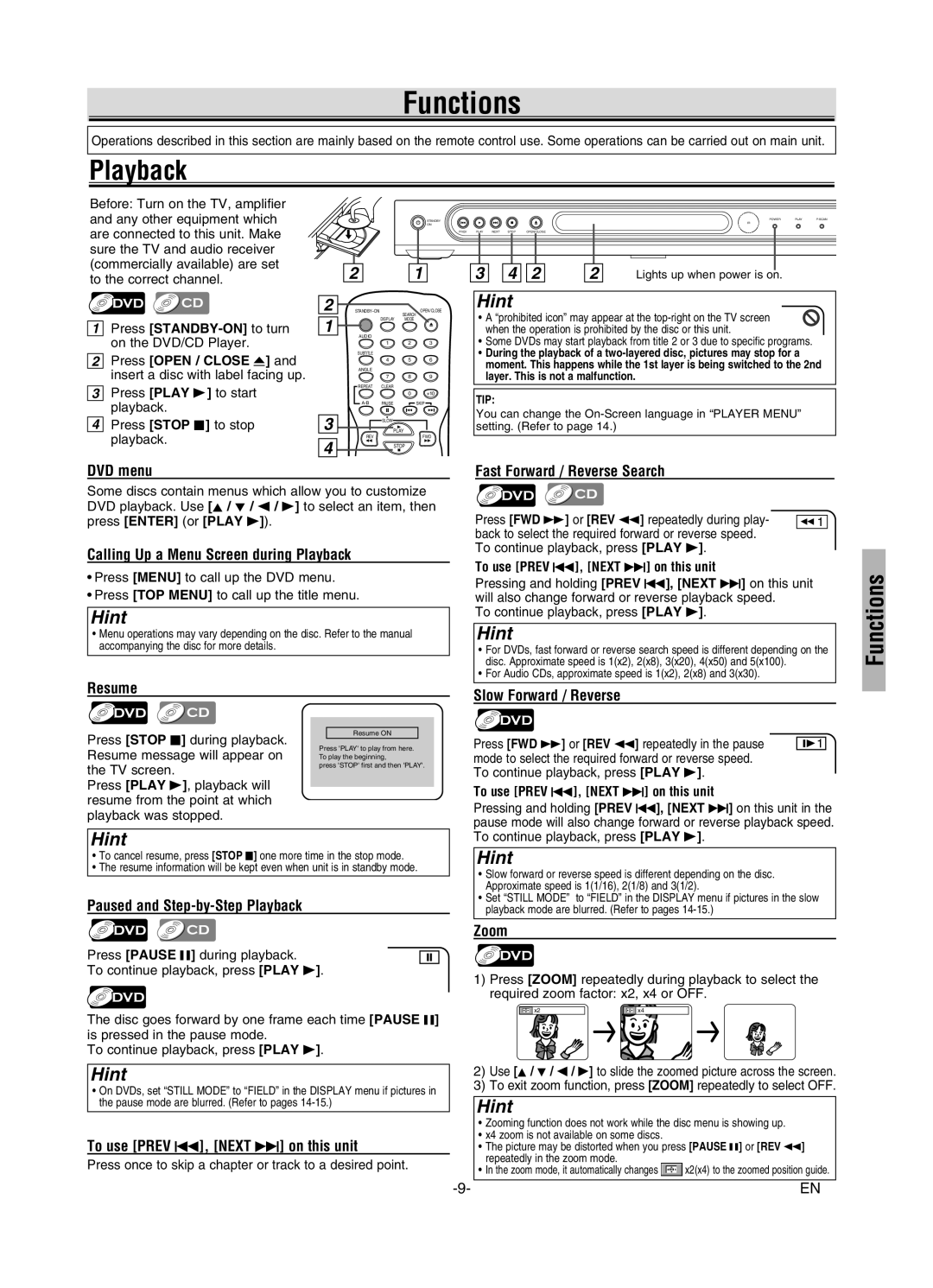 FUNAI MSD126 owner manual Functions, Playback 