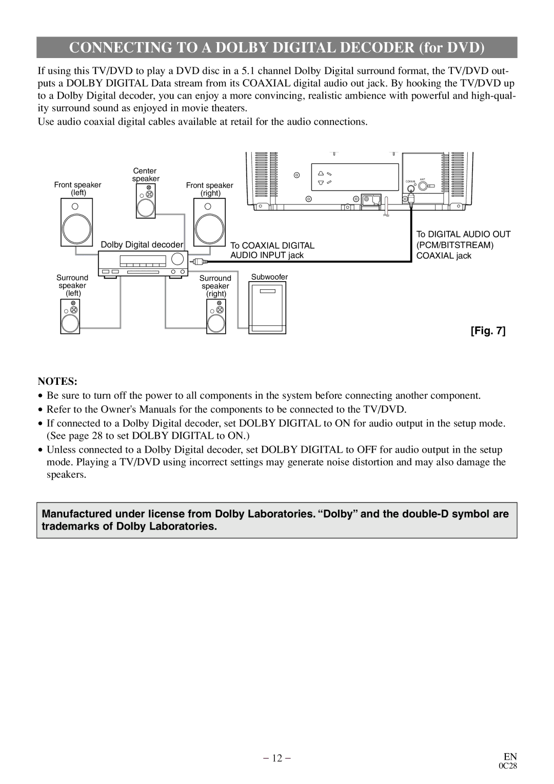 FUNAI MSD513E owner manual Connecting to a Dolby Digital Decoder for DVD 