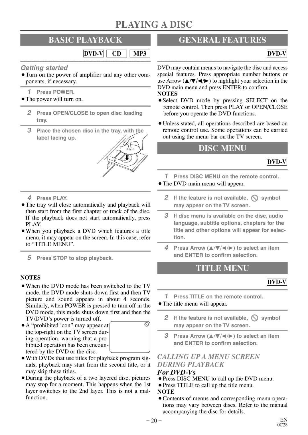 FUNAI MSD513E owner manual Playing a Disc, Basic Playback General Features, Disc Menu, Title Menu 