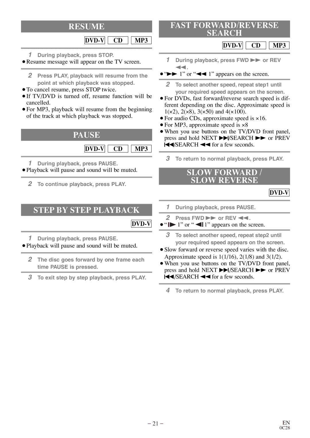 FUNAI MSD513E owner manual Resume, Pause, Step by Step Playback, Fast FORWARD/REVERSE Search, Slow Forward Slow Reverse 