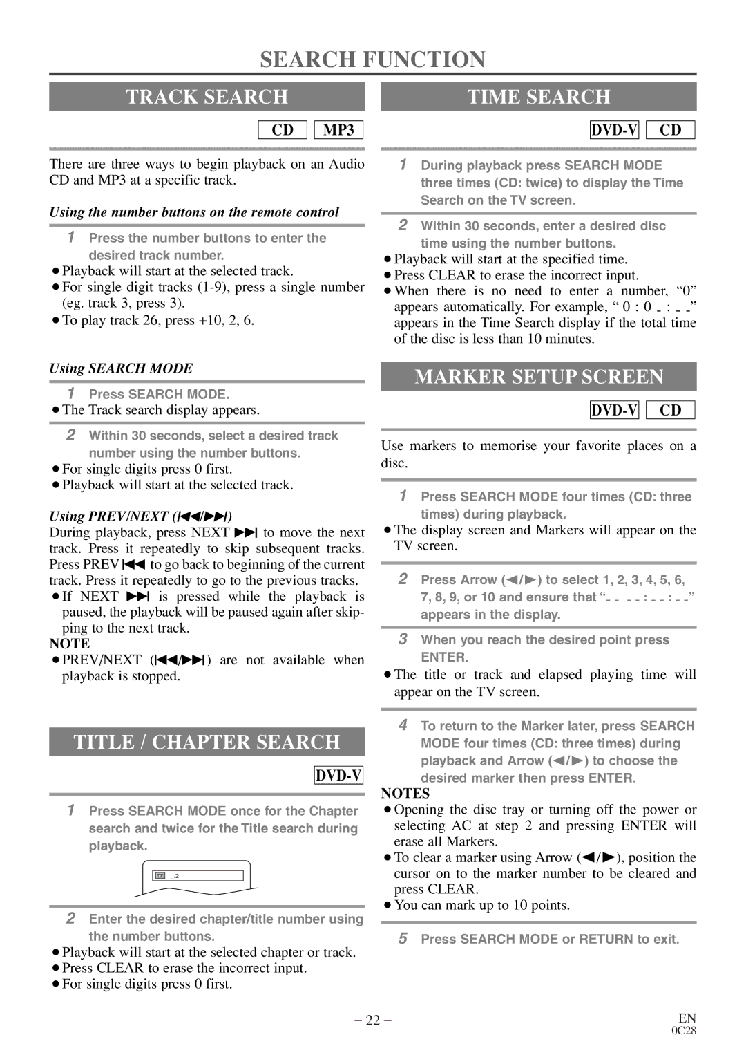 FUNAI MSD513E owner manual Search Function, Track Search Time Search, Title / Chapter Search, Marker Setup Screen 