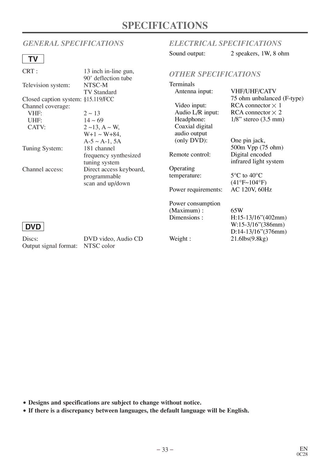 FUNAI MSD513E owner manual General Specifications, Electrical Specifications, Other Specifications 