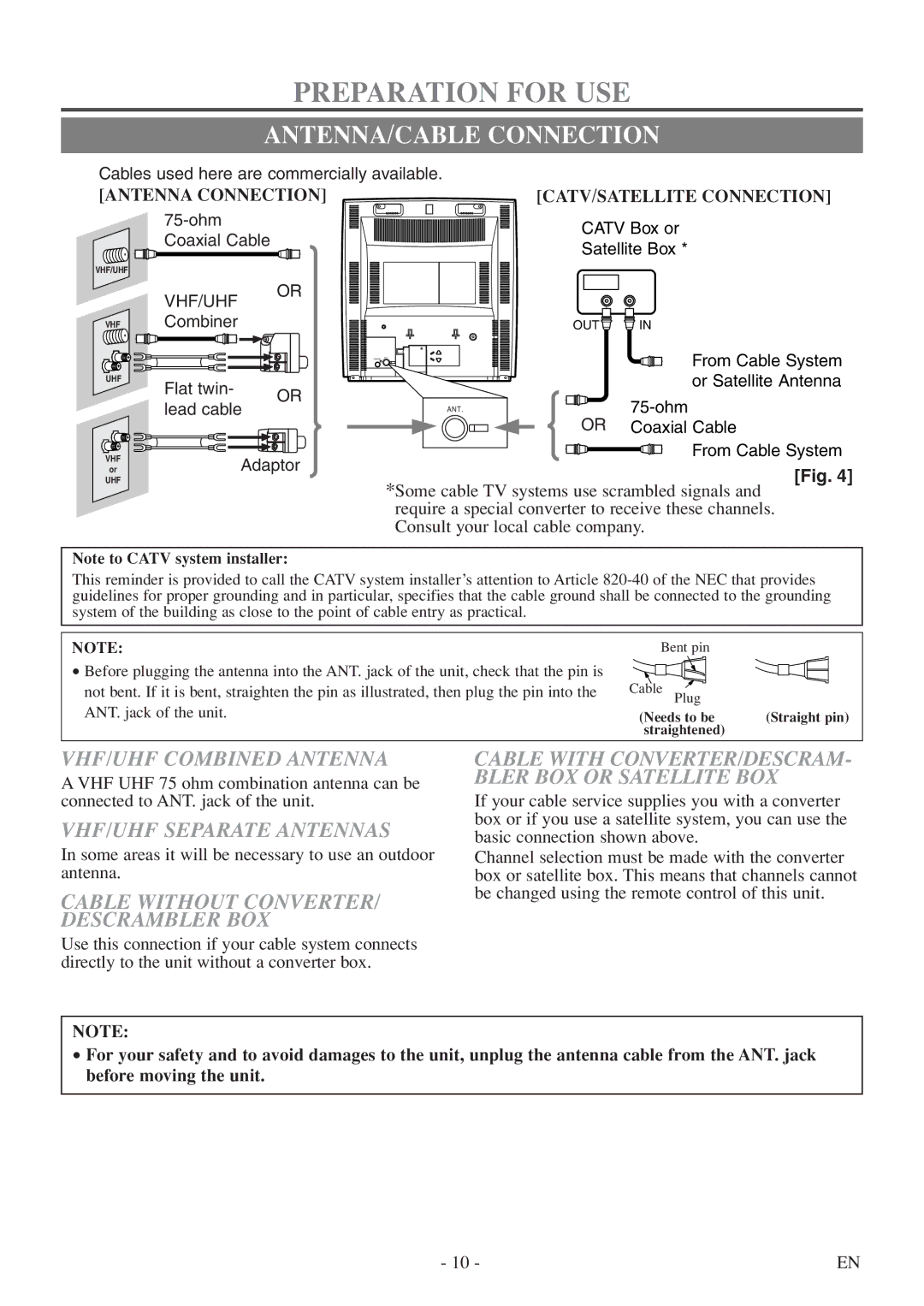 FUNAI MSD513F Preparation for USE, ANTENNA/CABLE Connection, VHF/UHF Combined Antenna, VHF/UHF Separate Antennas 