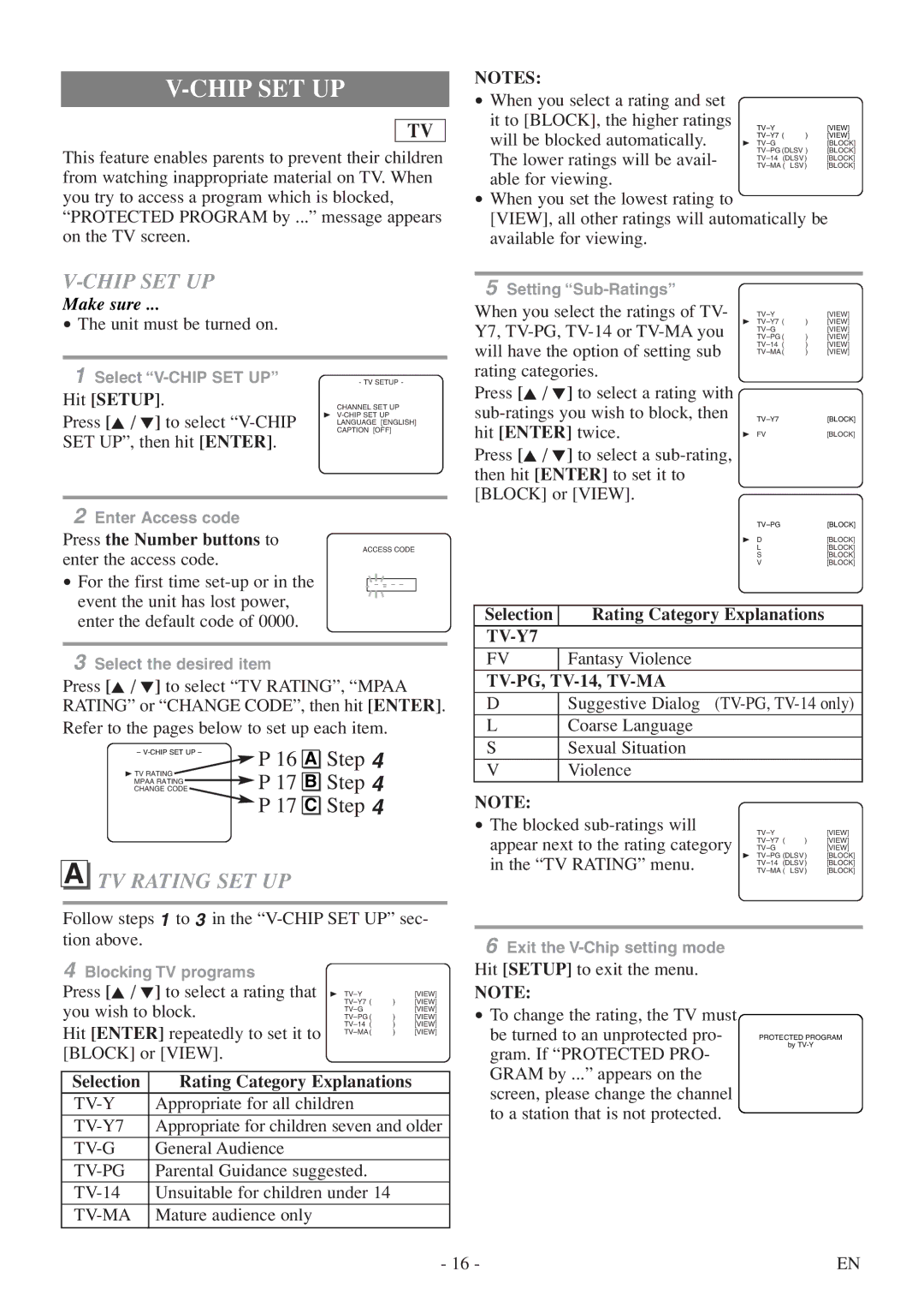 FUNAI MSD513F owner manual Chip SET UP, TV Rating SET UP, TV-Y7, TV-PG, TV-14, TV-MA 