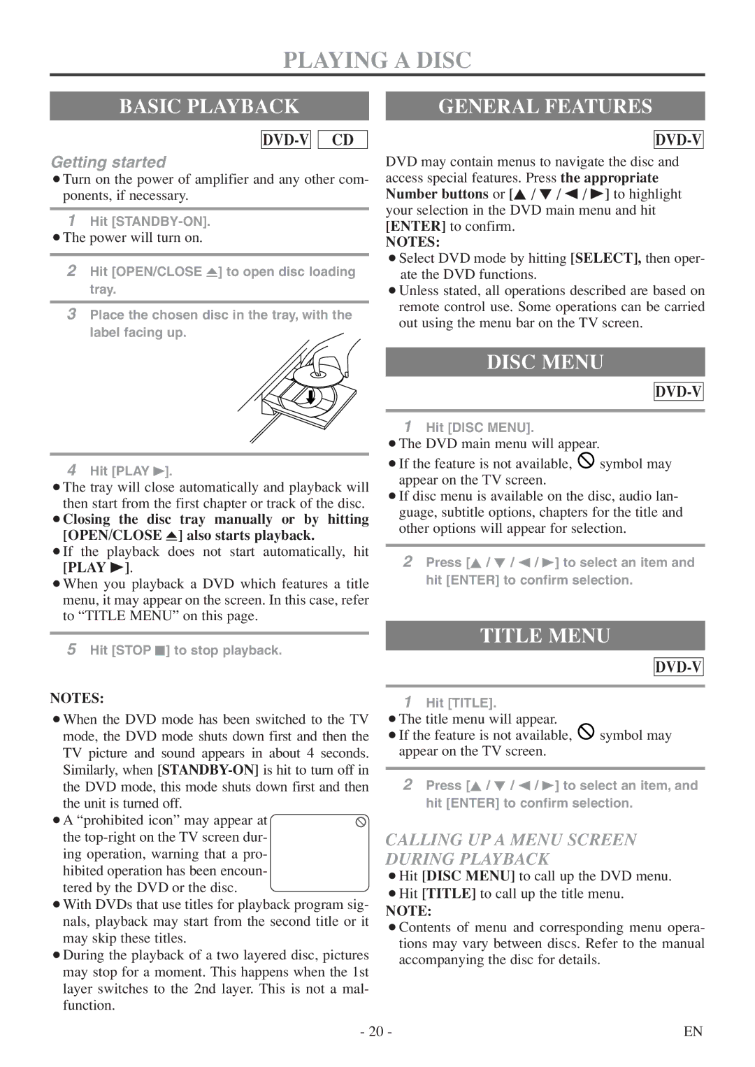 FUNAI MSD513F owner manual Basic Playback General Features, Disc Menu, Title Menu, Calling UP a Menu Screen During Playback 