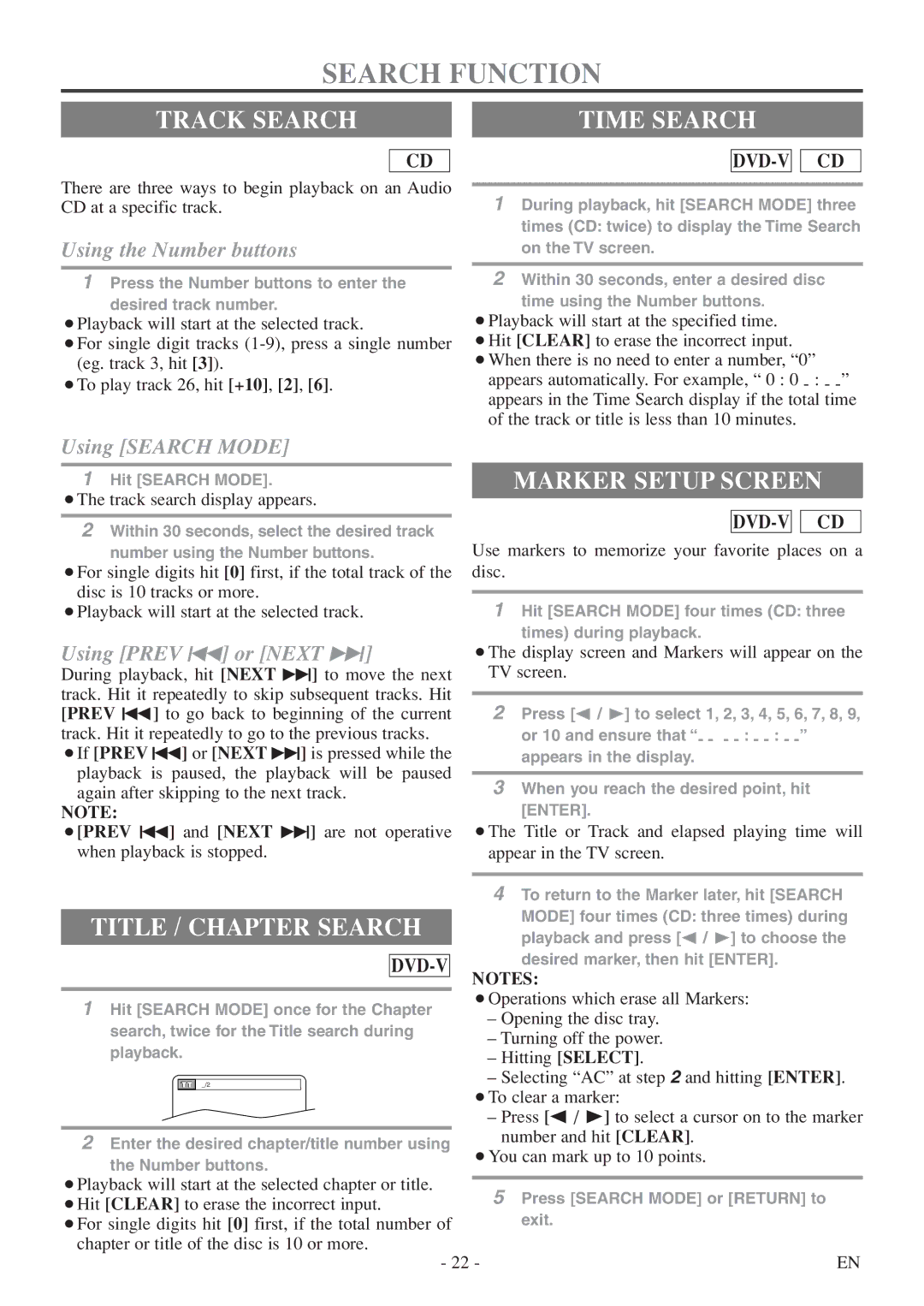 FUNAI MSD513F owner manual Search Function, Track Search Time Search, Title / Chapter Search, Marker Setup Screen 