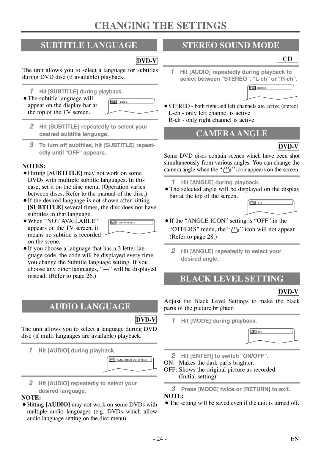 FUNAI MSD513F owner manual Changing the Settings, Subtitle Language Stereo Sound Mode, Audio Language, Camera Angle 