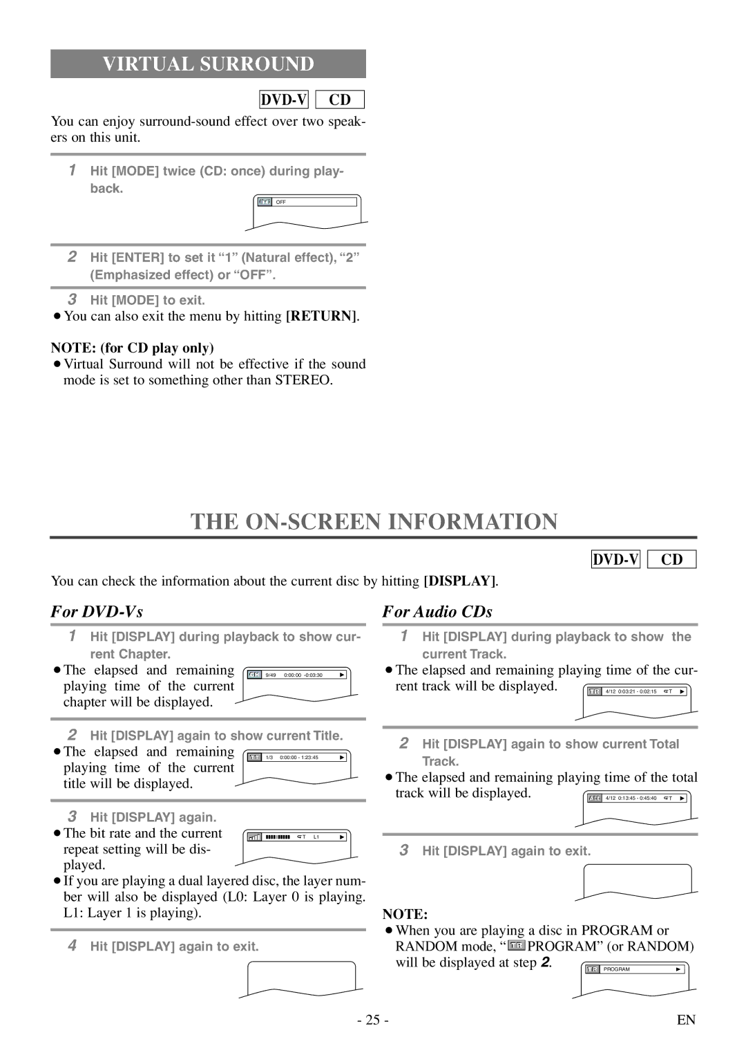 FUNAI MSD513F owner manual ON-SCREEN Information, Virtual Surround 