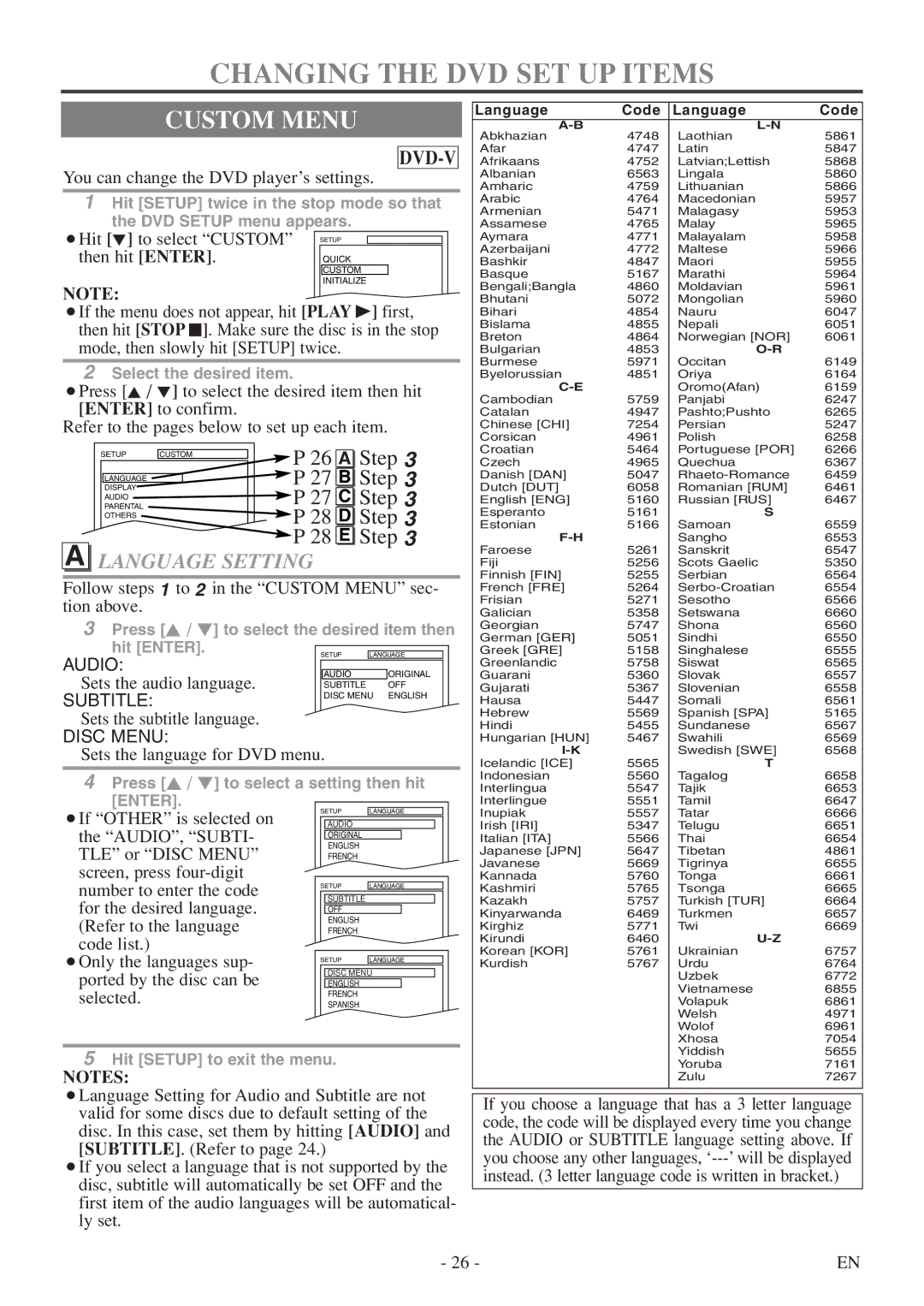 FUNAI MSD513F owner manual Changing the DVD SET UP Items, Custom Menu, Language Setting 