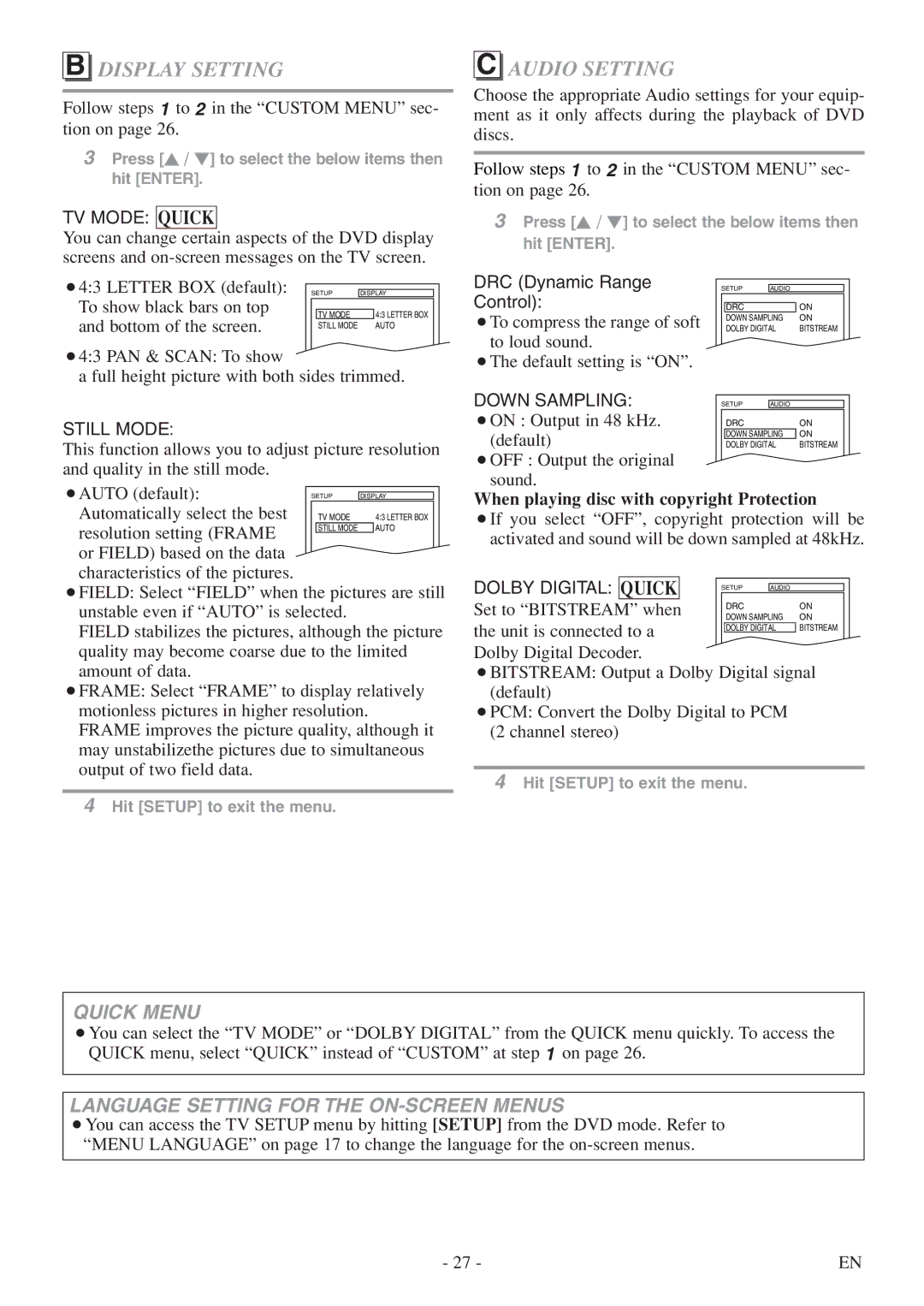 FUNAI MSD513F owner manual Display Setting, Audio Setting, When playing disc with copyright Protection, Quick 