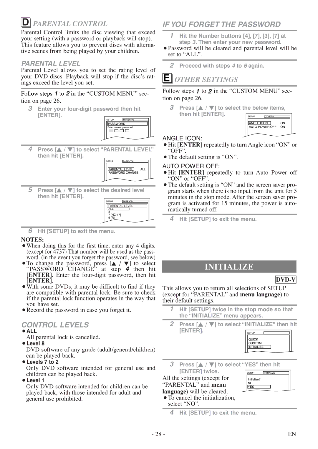 FUNAI MSD513F owner manual Initialize, Parental Control, Other Settings 