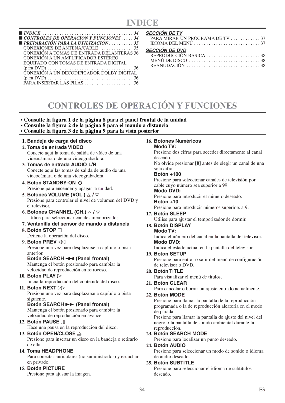 FUNAI MSD513F owner manual Indice, Controles DE Operación Y Funciones 