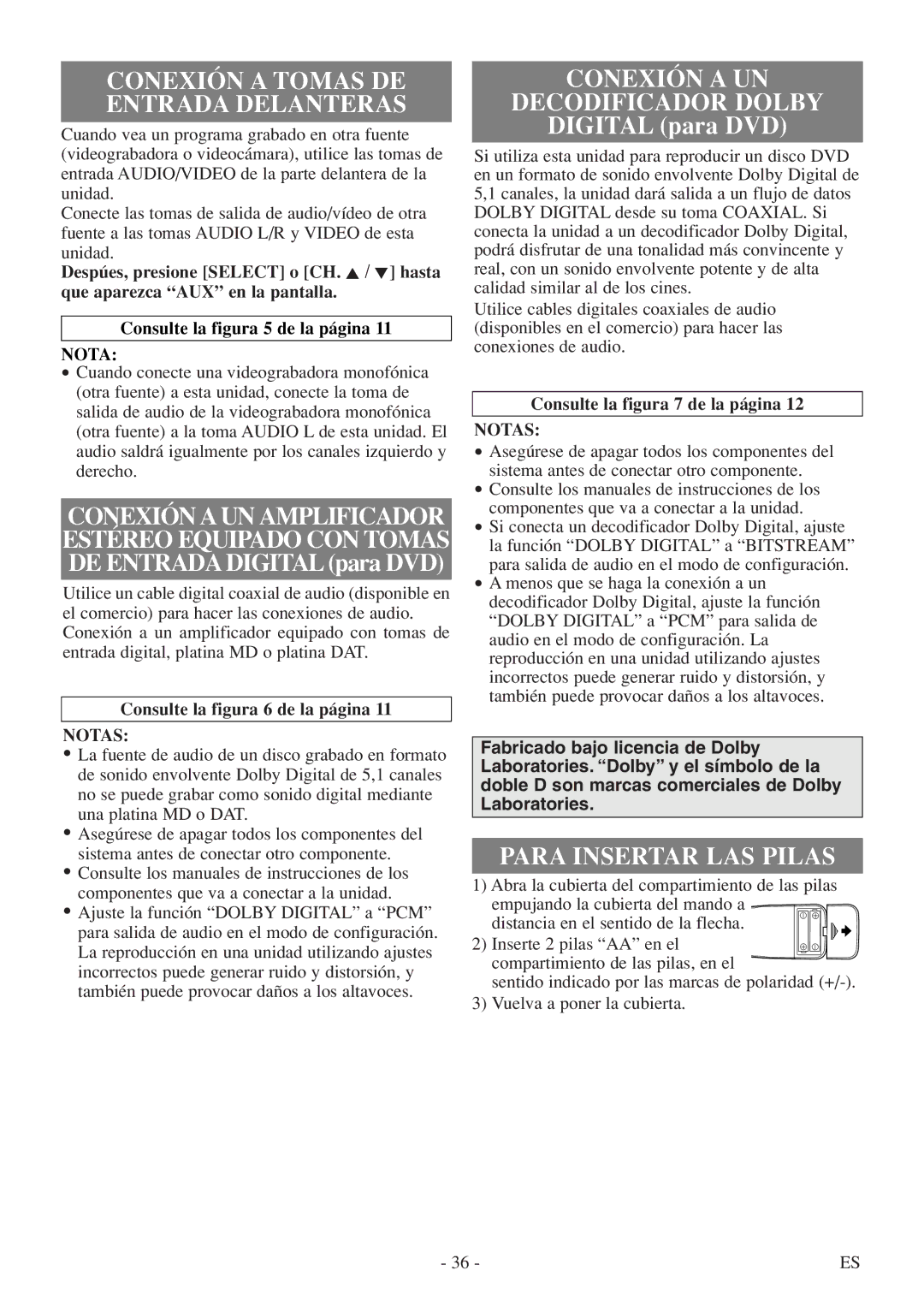 FUNAI MSD513F Conexión a UN Decodificador Dolby, Para Insertar LAS Pilas, Consulte la figura 6 de la página, Notas 