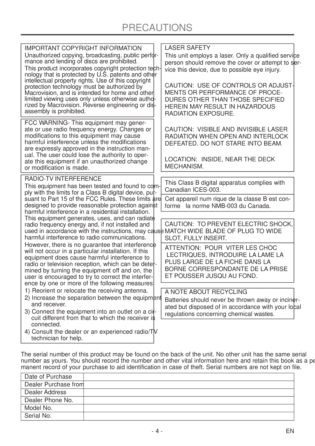 FUNAI MSD513F owner manual Precautions, Important Copyright Information, RADIO-TV Interference, Laser Safety 