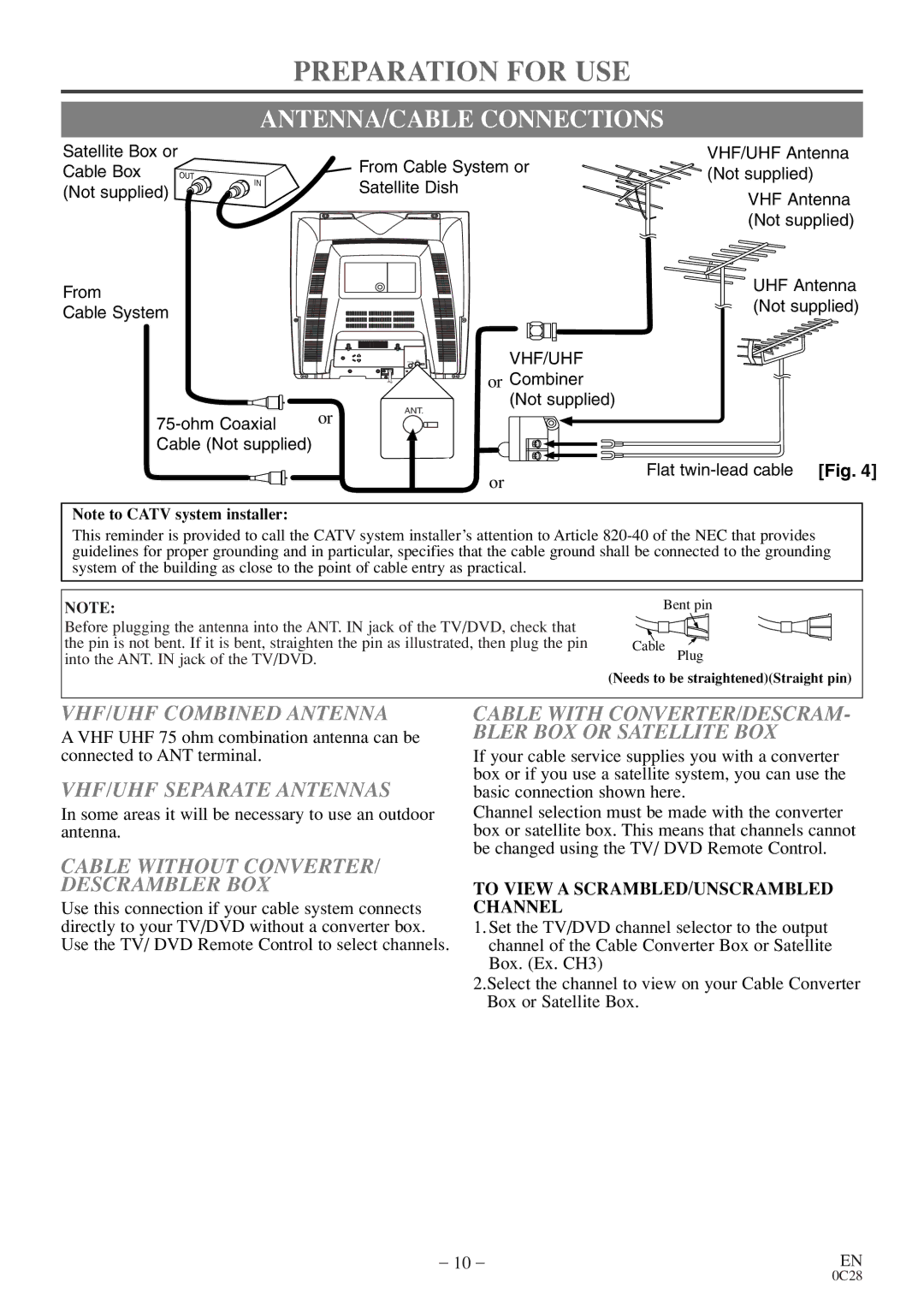 FUNAI MSD520FE Preparation for USE, ANTENNA/CABLE Connections, VHF/UHF Combined Antenna, VHF/UHF Separate Antennas 