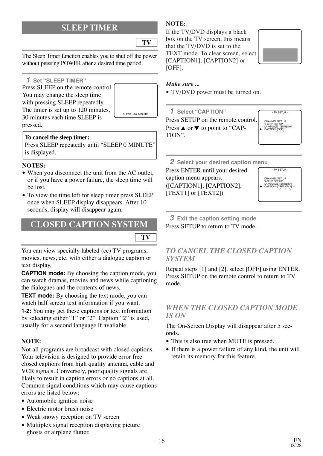 FUNAI MSD520FE owner manual Sleep Timer, To Cancel the Closed Caption System, When the Closed Caption Mode is on 