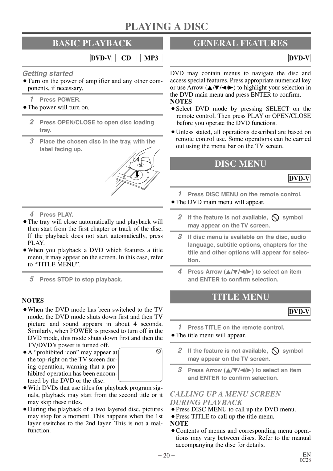 FUNAI MSD520FE owner manual Playing a Disc, Basic Playback General Features, Disc Menu, Title Menu 