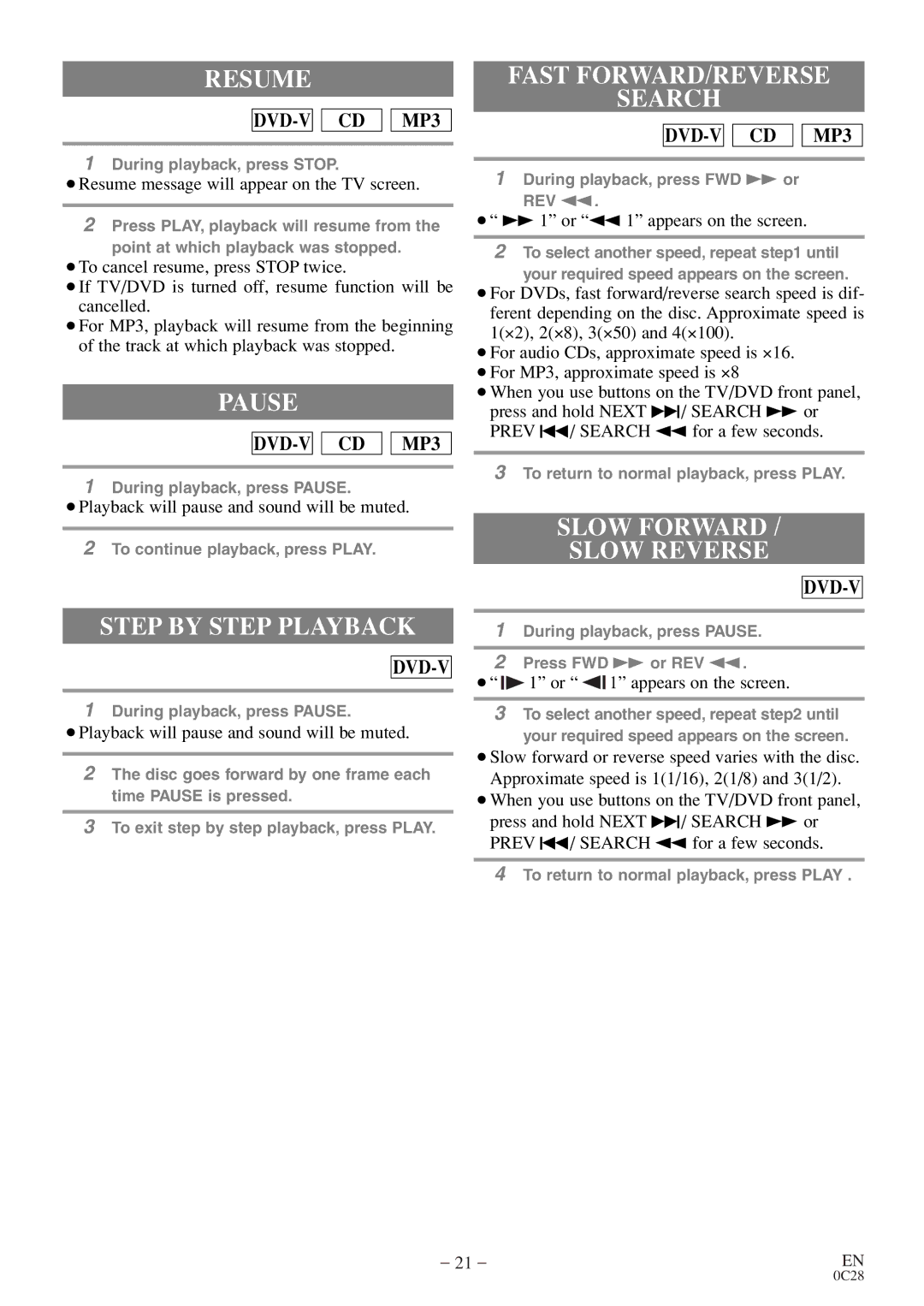 FUNAI MSD520FE owner manual Resume, Pause, Step by Step Playback, Fast FORWARD/REVERSE Search, Slow Forward Slow Reverse 