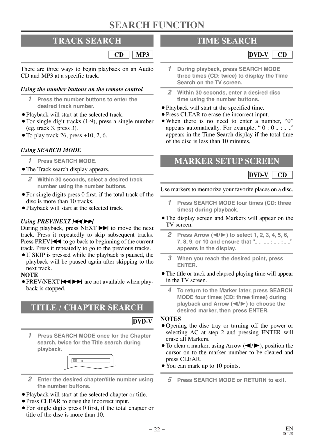 FUNAI MSD520FE owner manual Search Function, Track Search Time Search, Title / Chapter Search, Marker Setup Screen 