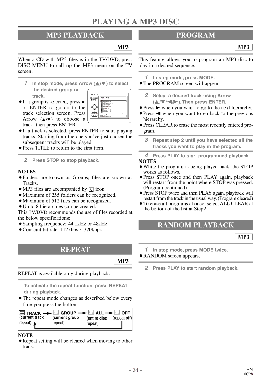 FUNAI MSD520FE owner manual Playing a MP3 Disc, MP3 Playback, Program, Repeat 