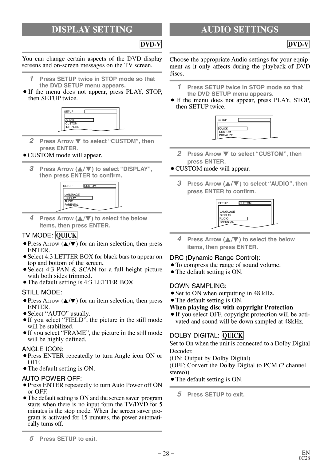 FUNAI MSD520FE owner manual Display Setting Audio Settings, Enter, When playing disc with copyright Protection 