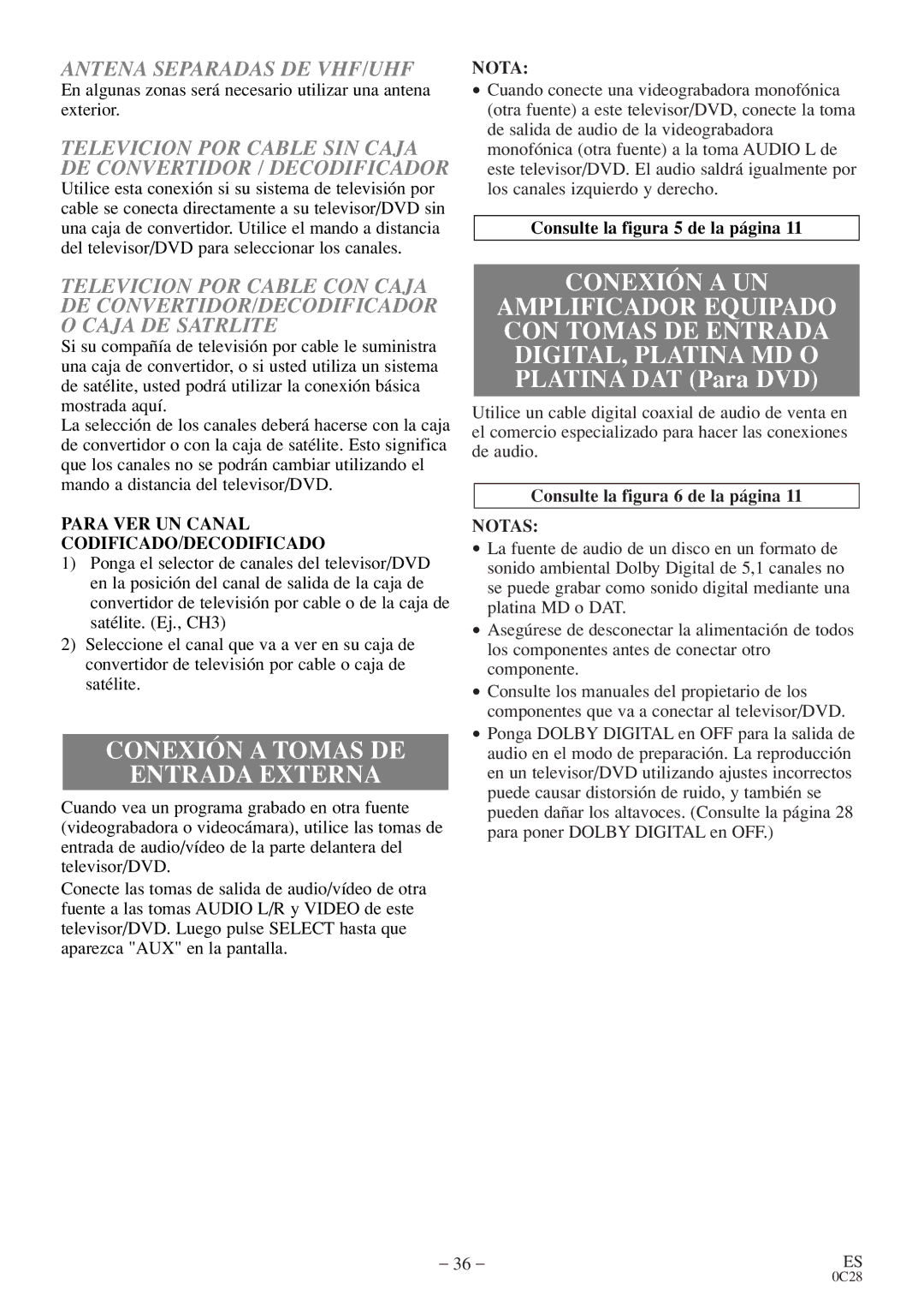 FUNAI MSD520FE owner manual Conexión a Tomas DE Entrada Externa, Conexión a UN, Antena Separadas DE VHF/UHF 