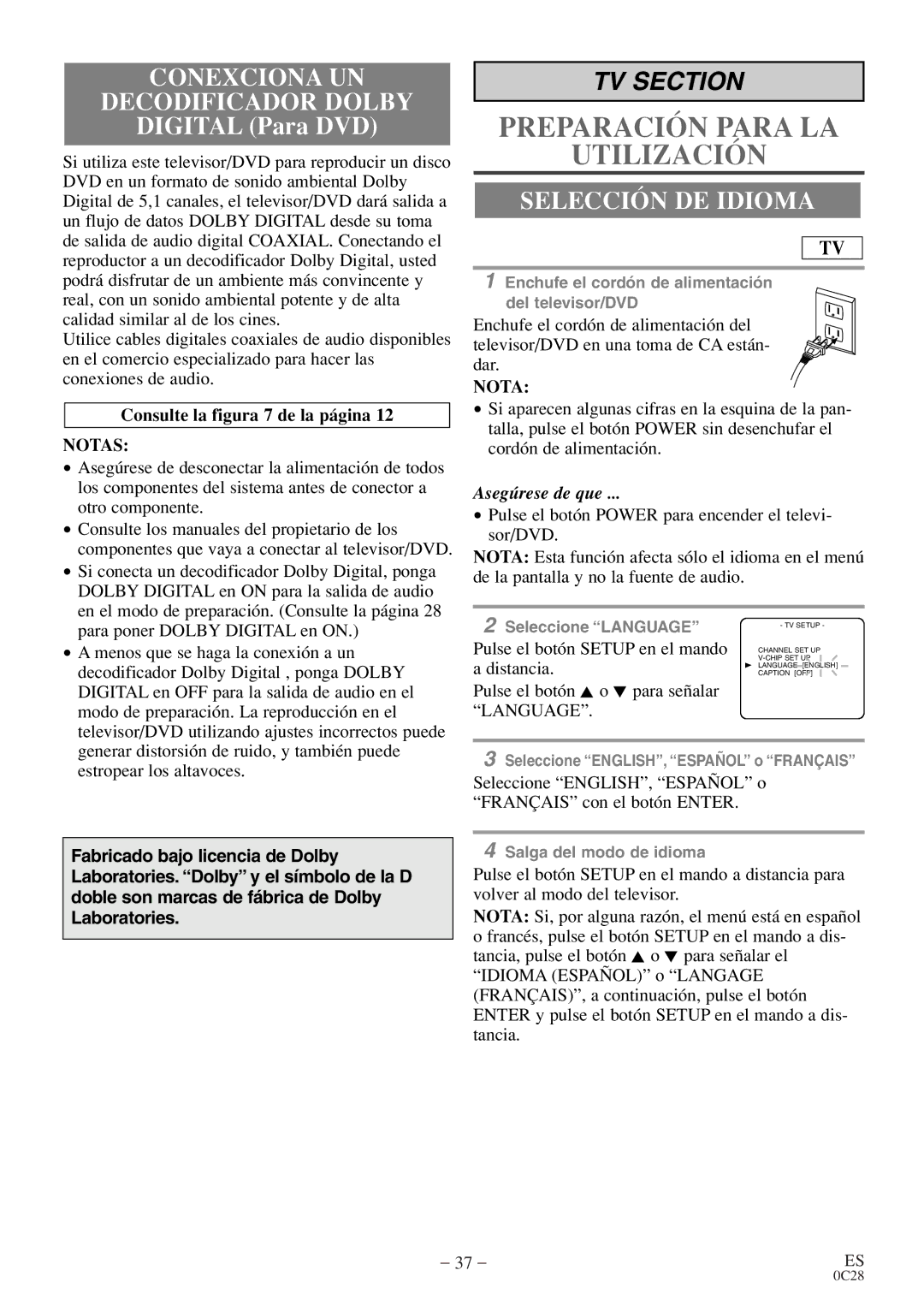 FUNAI MSD520FE owner manual Conexciona UN Decodificador Dolby, Selección DE Idioma, Consulte la figura 7 de la página 