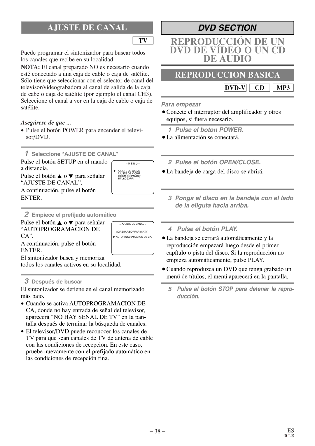 FUNAI MSD520FE owner manual Ajuste DE Canal, Reproduccion Basica, Autoprogramacion DE 