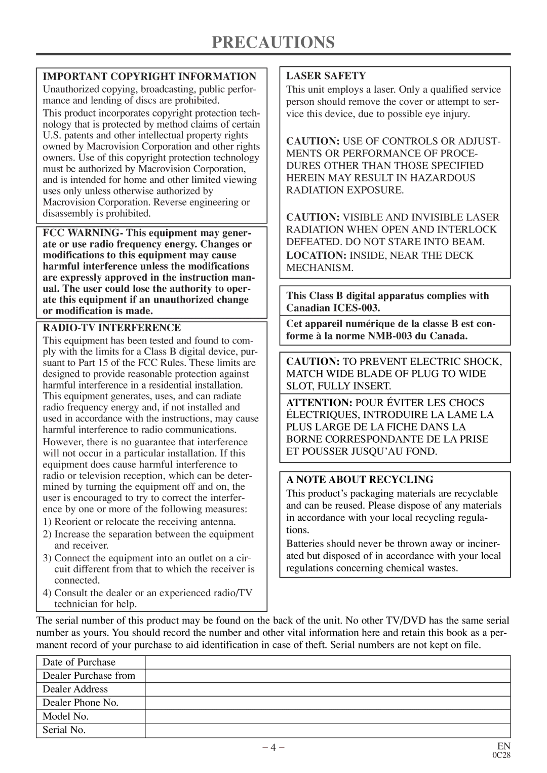 FUNAI MSD520FE owner manual Precautions, Important Copyright Information, RADIO-TV Interference, Laser Safety 