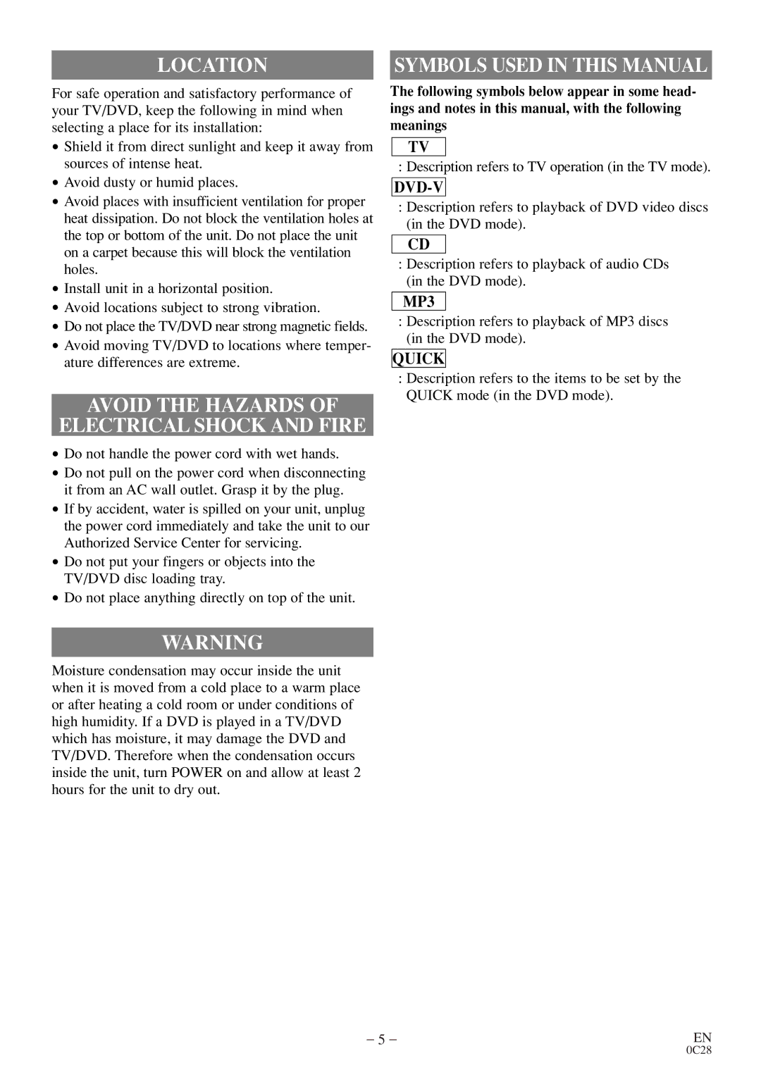 FUNAI MSD520FE owner manual Location, Avoid the Hazards Electrical Shock and Fire 