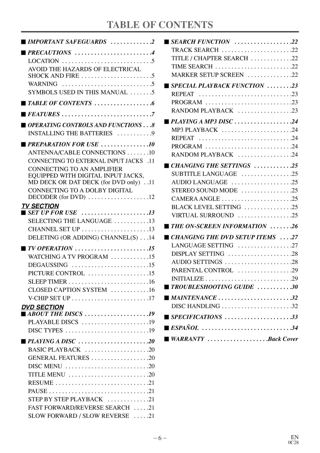 FUNAI MSD520FE owner manual Table of Contents 