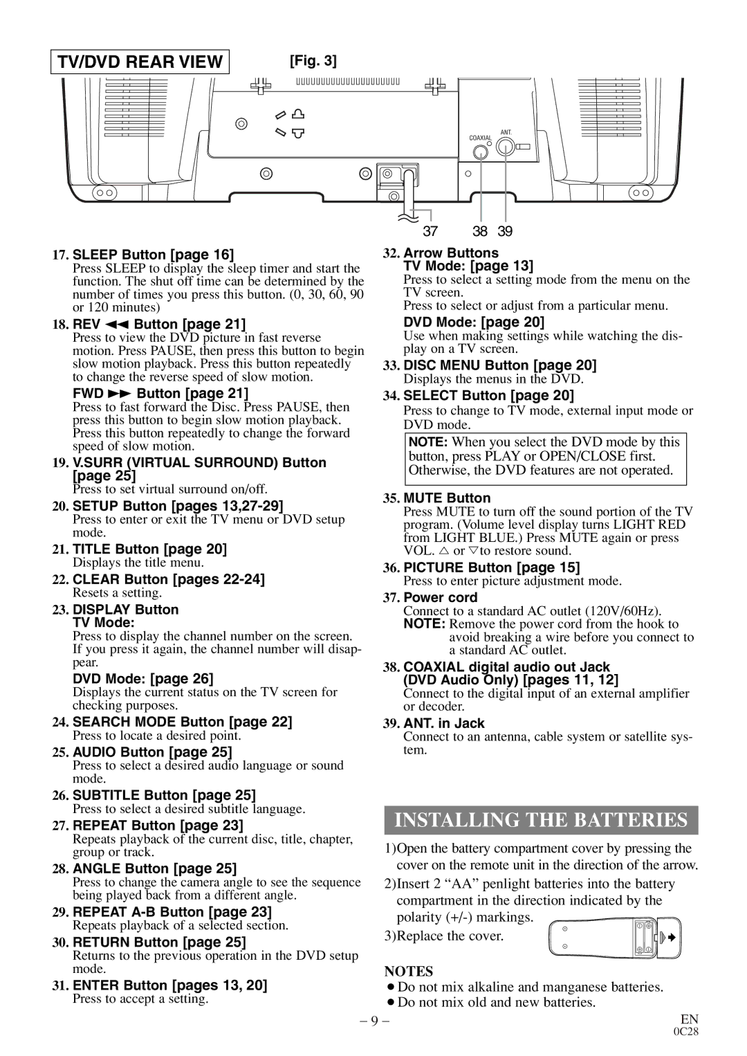 FUNAI MSD520FE owner manual Installing the Batteries, TV/DVD Rear View 